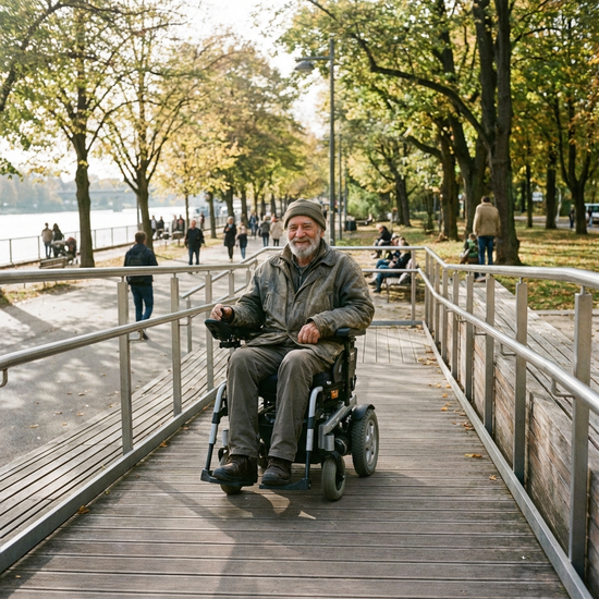 Älterer Herr fährt mit elektrischem Rollstuhl sicher über eine flache Rampe