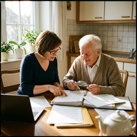 Pflegeberaterin und Senior sitzen gemeinsam am Küchentisch und besprechen Dokumente
