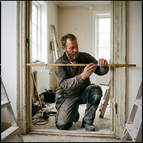 Handwerker misst mit einem Zollstock die Breite eines Türrahmens