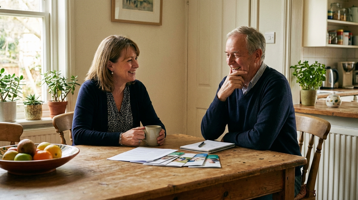Pflegeberaterin und pflegender Angehöriger im vertrauensvollen und entspannten Gespräch am Küchentisch