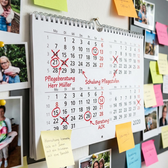Wandkalender mit rot markierten Terminen für die Pflegeberatung