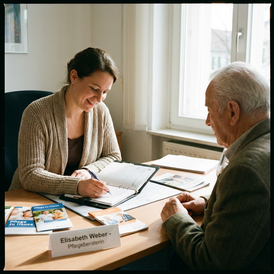 Pflegeberaterin notiert sich den nächsten Termin in einem Terminplaner