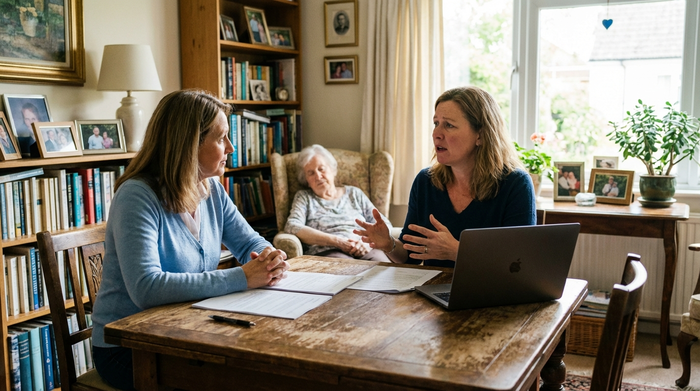 Beratungsgespräch mit pflegender Tochter im Wohnzimmer