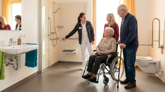 Pflegeberaterin besichtigt gemeinsam mit Angehörigen das barrierefreie Badezimmer