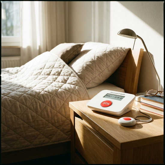 Hausnotruf-Gerät auf Nachttisch neben Bett