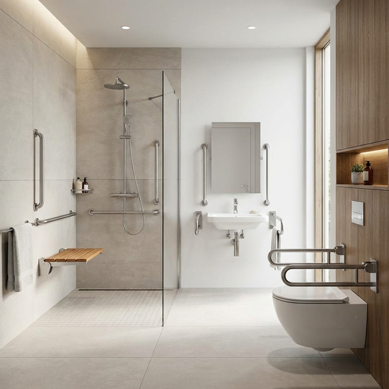 Modernes, barrierefreies Badezimmer mit Haltegriffen und Duschsitz
