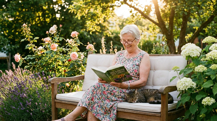 Seniorin sitzt entspannt mit einem Buch im sonnigen Garten auf einer bequemen Bank