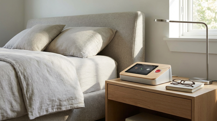 Ein modernes Hausnotrufgerät auf einem Nachttisch neben dem Bett