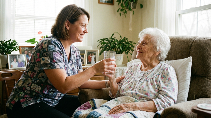 Pflegekraft reicht einer Seniorin liebevoll ein Glas Wasser