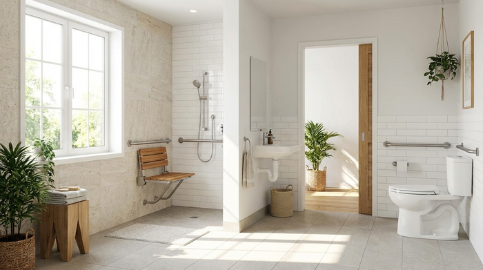 Helles, barrierefreies Badezimmer mit bodengleicher Dusche und sicherem Duschsitz