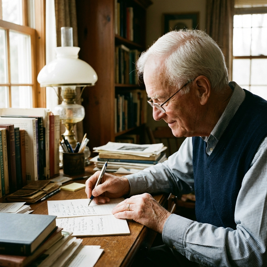 Ein Senior sitzt am Schreibtisch und hakt mit einem Stift konzentriert Punkte auf einer Liste ab
