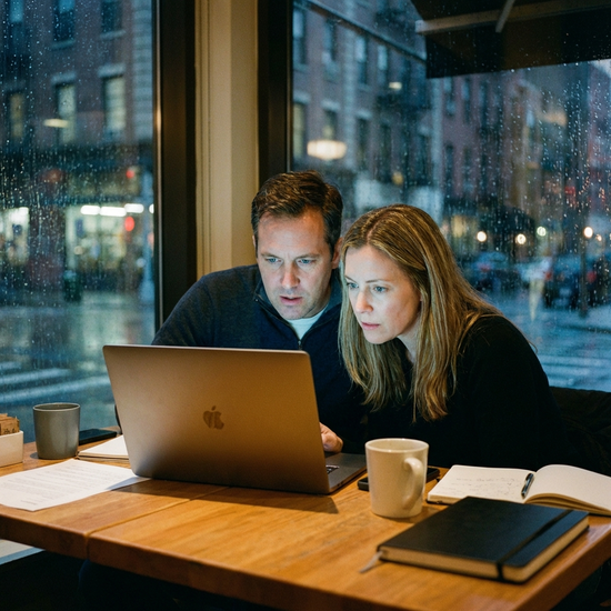Zwei Menschen betrachten gemeinsam und konzentriert einen hellen Laptop-Bildschirm