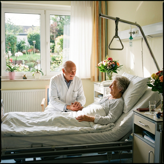 Arzt im Gespräch mit einer älteren Patientin am Bett in einem hellen Zimmer
