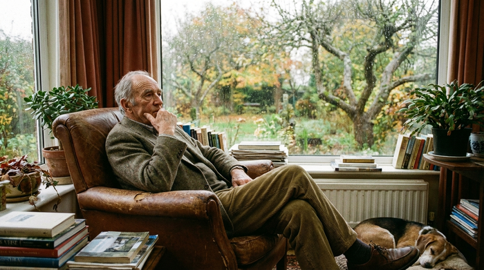 Älterer Herr sitzt in einem Sessel und blickt nachdenklich aus dem Fenster