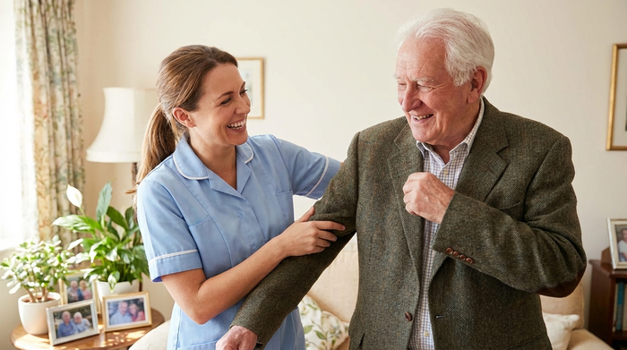 Freundliche Pflegerin hilft einem Senior beim Anziehen der Jacke