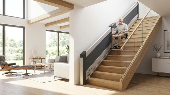 Moderner Treppenlift ist an einer Treppe in einem hellen Haus installiert