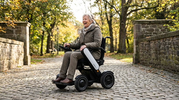 Seniorin fährt in einem modernen Elektrorollstuhl sicher über einen gepflasterten Weg