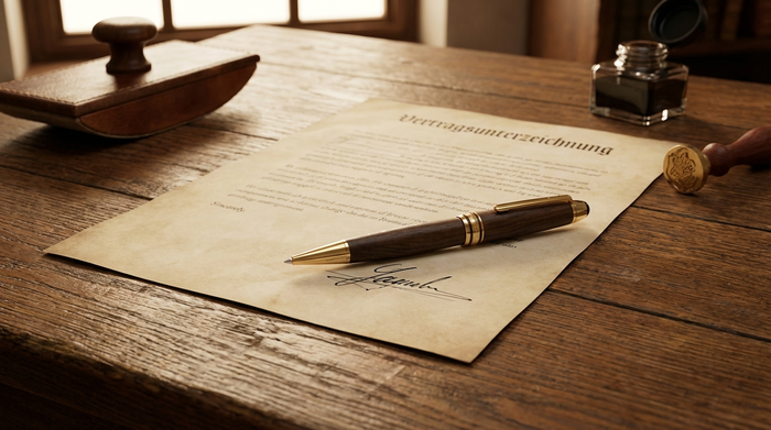 Edler Kugelschreiber liegt auf einem fertig unterzeichneten Dokument auf einem Holztisch
