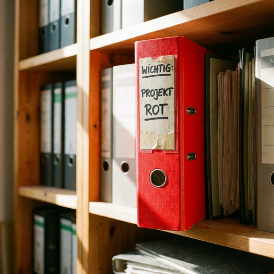 Ein roter, gut sichtbarer Aktenordner steht in einem Regal