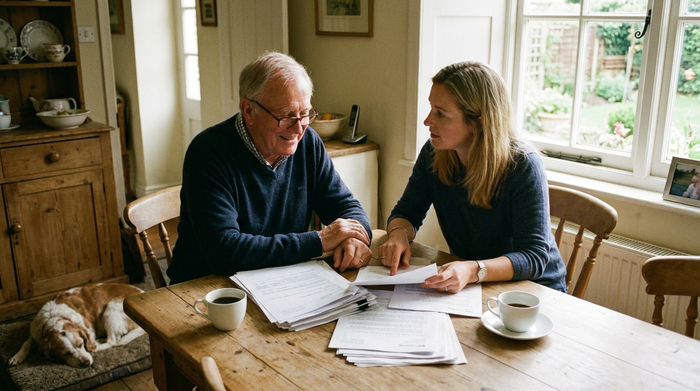 Älterer Herr und seine Tochter sitzen gemeinsam am Küchentisch und besprechen in ruhiger Atmosphäre wichtige Dokumente
