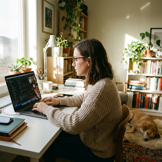 Frau arbeitet konzentriert am Laptop im Home-Office