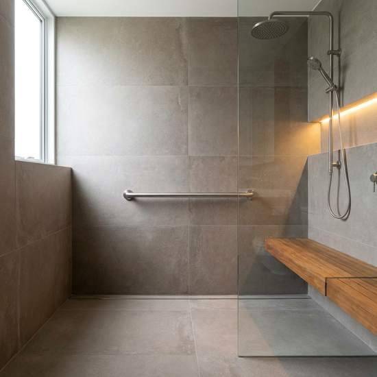 Moderne, barrierefreie bodengleiche Dusche mit Haltegriff