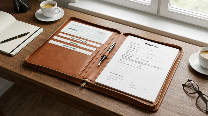 Ordentlich sortierte Dokumentenmappe mit Formularen und einem Stift auf einem Schreibtisch