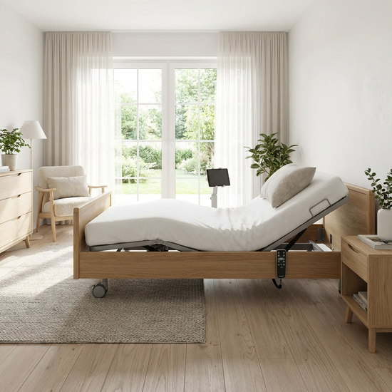 Modernes elektrisches Pflegebett in einem hellen Schlafzimmer