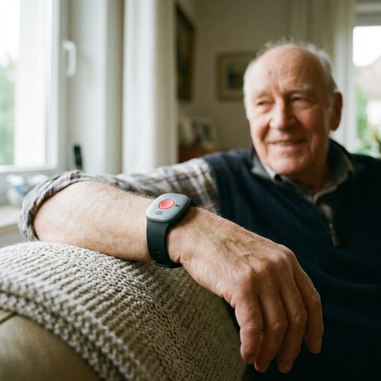 Hausnotruf-Sender als Armband am Handgelenk eines Senioren