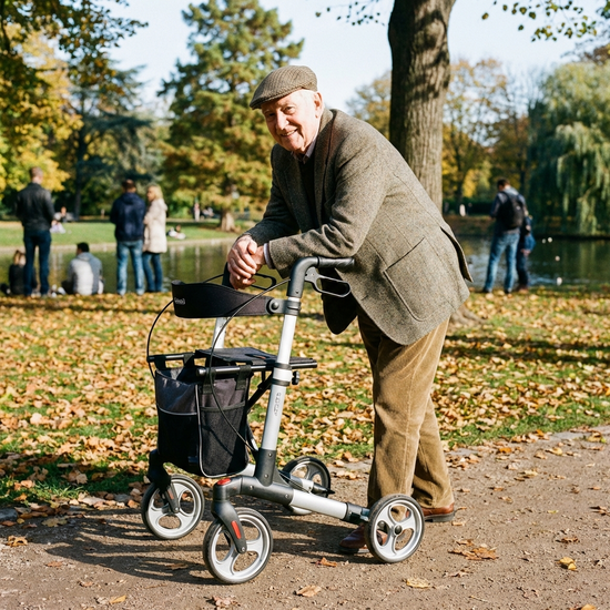 Älterer Herr stützt sich beim Spaziergang im Park sicher auf einen modernen Rollator