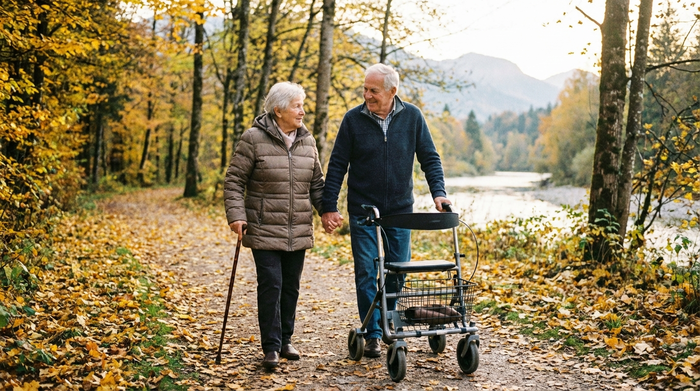Ein älteres Ehepaar genießt einen gemeinsamen Spaziergang in der Natur, einer nutzt einen Rollator