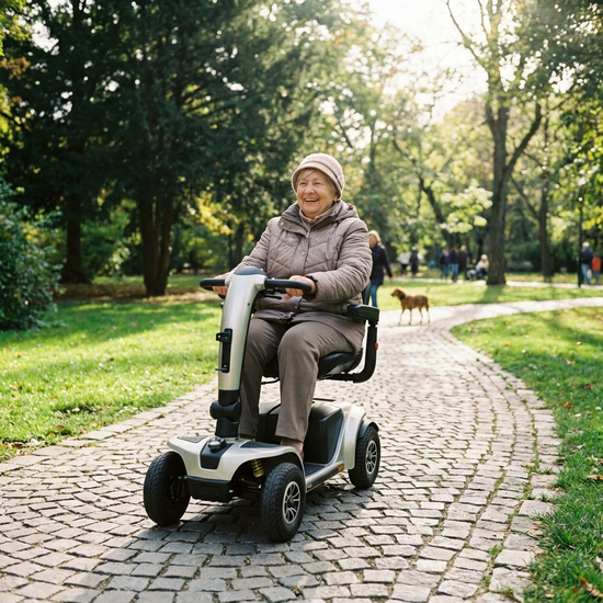 Seniorin fährt entspannt mit einem wendigen Elektromobil auf einem gepflasterten Weg