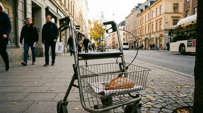 Klassischer Standardrollator mit Metallkorb auf einem städtischen Gehweg