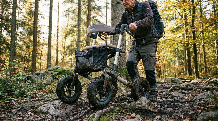 Outdoor-Rollator mit großen Luftreifen auf einem unebenen Waldweg