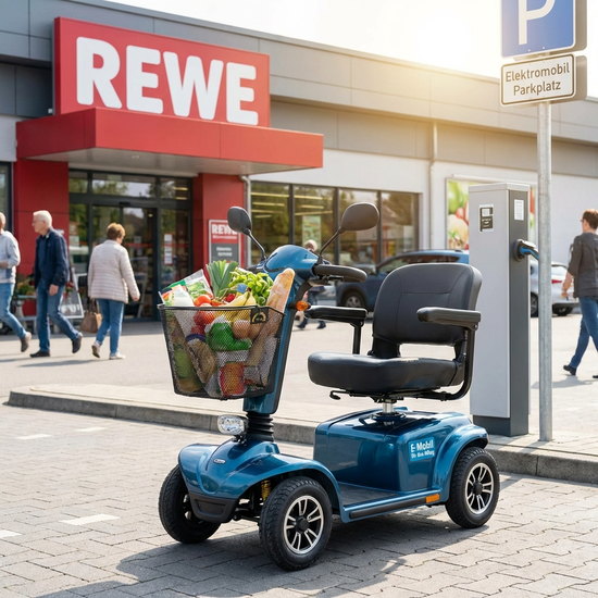 Kompaktes 6 km/h Elektromobil mit Einkaufskorb vor einem Supermarkt