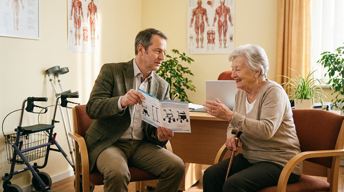Arzt und Seniorin im gemeinsamen Gespräch über Mobilitätshilfen im Behandlungszimmer