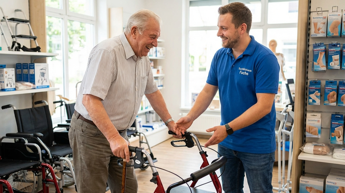 Freundlicher Mitarbeiter im Sanitätshaus erklärt einem Kunden die Funktionen eines Rollators