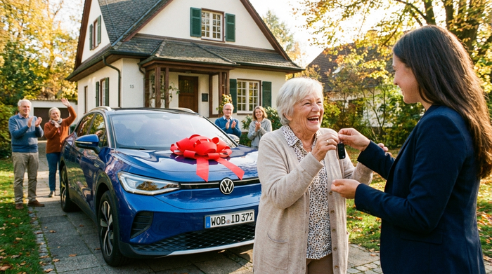 Ein neues Elektromobil wird vor dem Haus an eine strahlende Seniorin übergeben