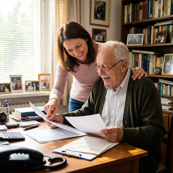 Tochter unterstützt ihren älteren Vater liebevoll beim Ordnen von Unterlagen am Schreibtisch