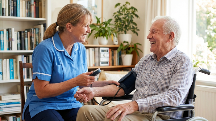 Freundliche Pflegekraft misst den Blutdruck eines älteren Herrn im Rollstuhl