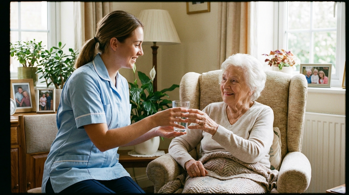 Pflegekraft reicht einer Seniorin ein Glas Wasser