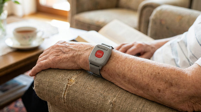 Hausnotruf-Armband am Handgelenk einer älteren Person