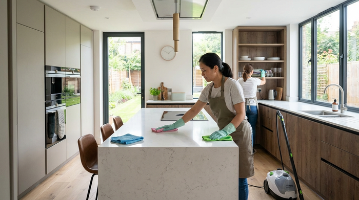 Haushaltshilfe beim Reinigen einer modernen Küche