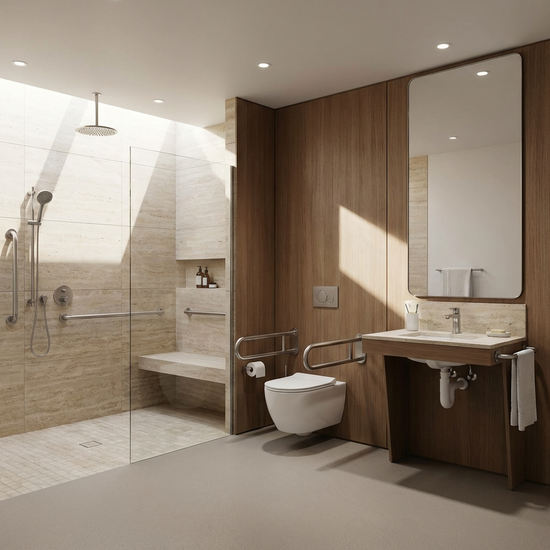 Modernes, barrierefreies Badezimmer mit bodengleicher Dusche und Haltegriffen