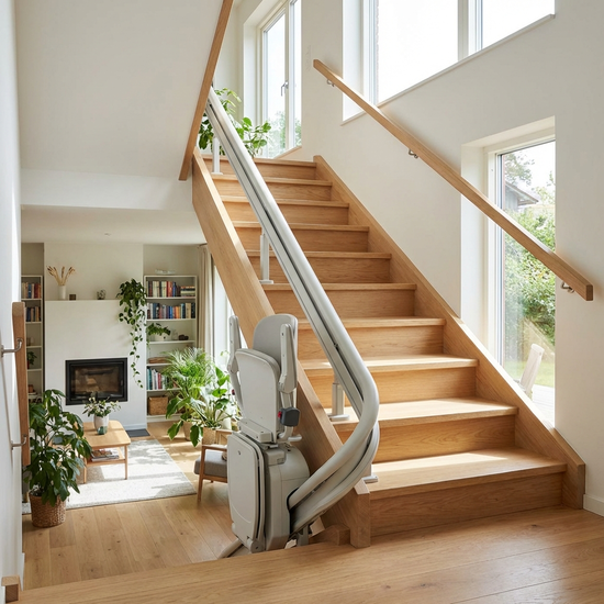 Treppenlift an einer hellen Holztreppe im Einfamilienhaus