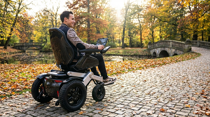 Moderner elektrischer Rollstuhl auf einem gepflasterten Weg im Park