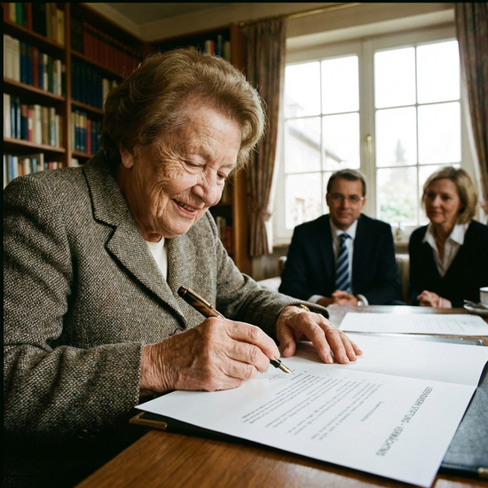 Seniorin unterschreibt ein wichtiges Dokument mit einem Füller
