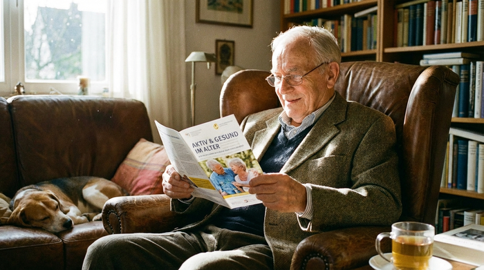 Älterer Herr sitzt entspannt im Sessel und liest aufmerksam eine Informationsbroschüre