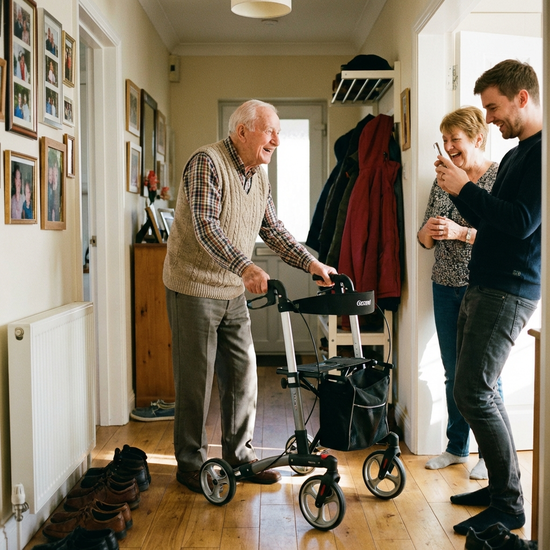 Älterer Herr demonstriert die Nutzung seines Rollators im Flur