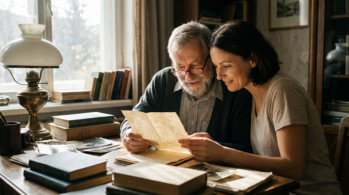 Senior liest gemeinsam mit seiner Tochter konzentriert einen Brief am Schreibtisch